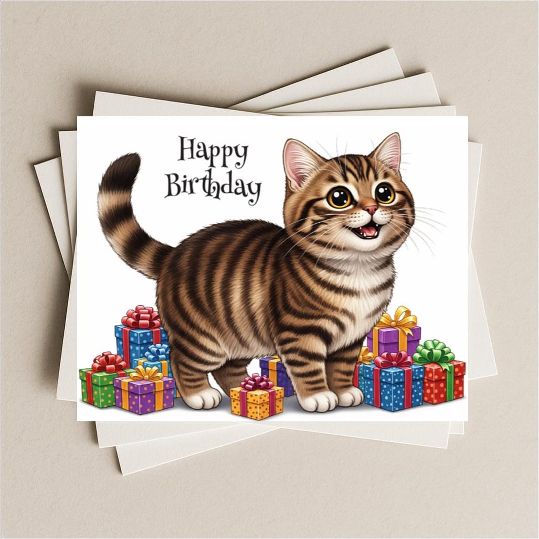 Birthday Card Brown Tabby Cat Blank Greeting Card, Note or Gift Card ...
