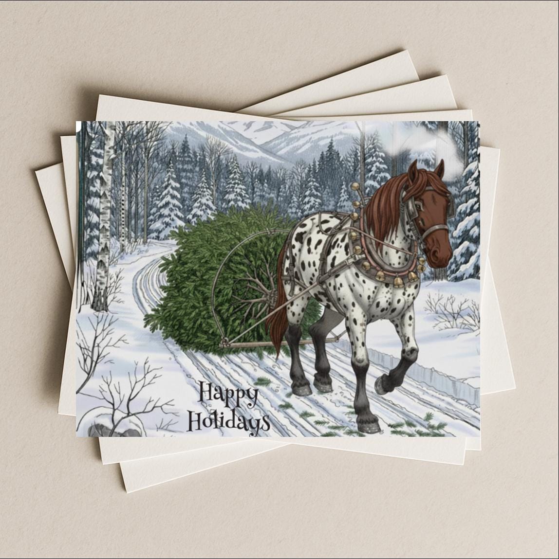 Christmas card Appaloosa horse blank greeting card, note or gift card, hauling an evergreen tree home to celebrate the holidays