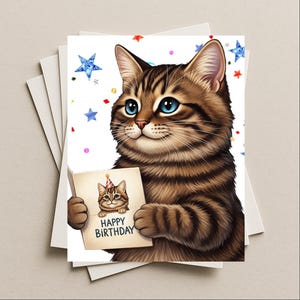 May include: A birthday greeting card featuring a cartoon cat with blue eyes and brown tabby stripes. The cat holds a smaller card that says "Happy Birthday" and has a picture of a cat wearing a party hat. Blue stars and confetti decorate the background.
