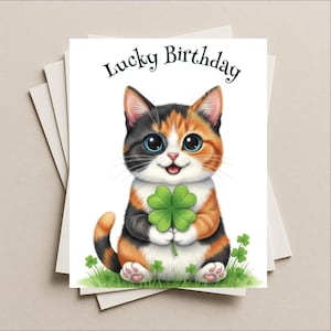 Birthday card Shamrock Calico cat blank greeting card, note or gift card, kitten kitty, St Patrick's day lucky clover