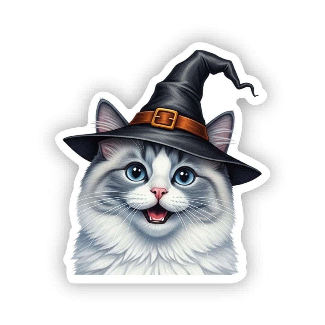 Halloween Witch Ragdoll Blue Cat Vinyl Sticker for Water Bottle, Laptop ...