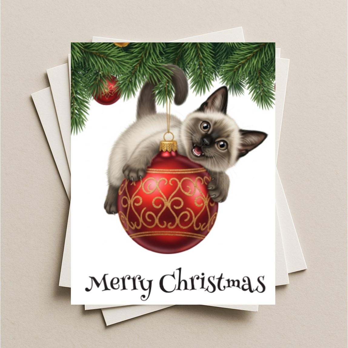 Christmas card ornament Siamese cat blank greeting card, note or gift card, kitten kitty, celebrating the holiday Santa cat-style