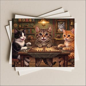 Cats playing Backgammon game blank greeting card for birthday, thank you, gift card or notecard any occasion tuxedo, brown, orange, gray cat