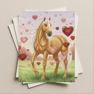 May include: Greeting card featuring a golden horse with a flowing white mane and tail, surrounded by floating red and pink hearts. The horse stands in a green field with a soft, pastel background. The card is paired with white envelopes.