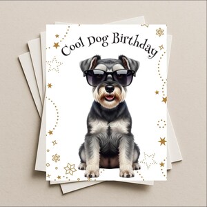 May include: A birthday card featuring a cool dog wearing sunglasses. The dog is a Schnauzer with black and gray fur. The card has the text "Cool Dog Birthday" in black script, with gold stars and snowflake accents.