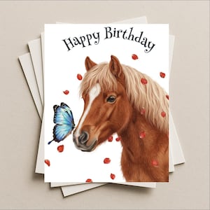 Birthday card Shetland Pony horse blank greeting card, note or gift card with blue Morpho butterfly and red rose petals