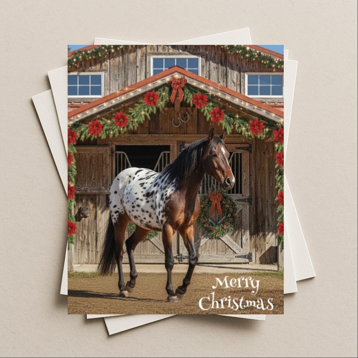Christmas card Appaloosa horse blank greeting card, note or gift card, celebrate the holiday Santa horse-style at the ranch