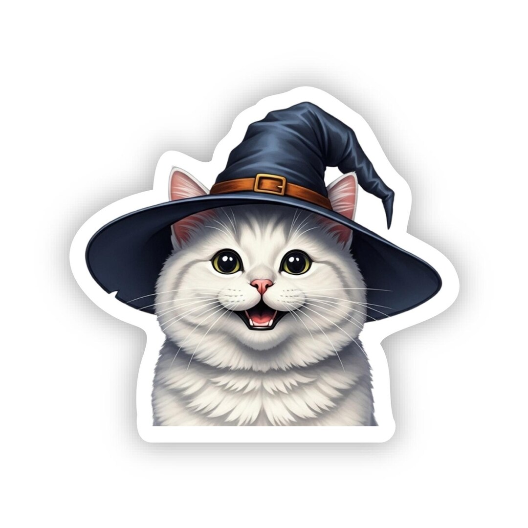 Halloween Witch White Cat Vinyl Sticker for Water Bottle, Laptop, Phone ...