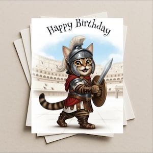 Birthday card Gladiator in Ancient Rome brown tabby cat blank greeting card, note or gift card, kitten kitty, sword shield fighter warrior