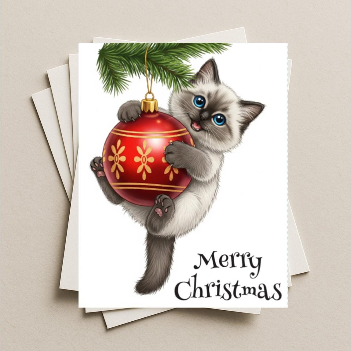 Christmas card ornament Himalayan cat blank greeting card, note or gift card, kitten kitty, celebrating the holiday Santa cat-style