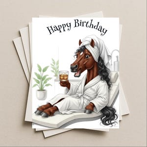 Birthday card Bay horse spa day blank greeting card, note or gift card celebrate at the health spa with Kentucky bourbon whiskey