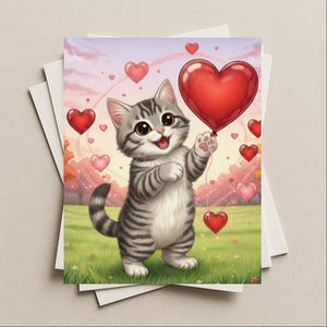 May include: A greeting card featuring a cartoon cat holding a red heart-shaped balloon. The cat has gray and white stripes and is smiling. Other red and pink heart balloons float in the background, with a green grassy field and a pink and purple sky.