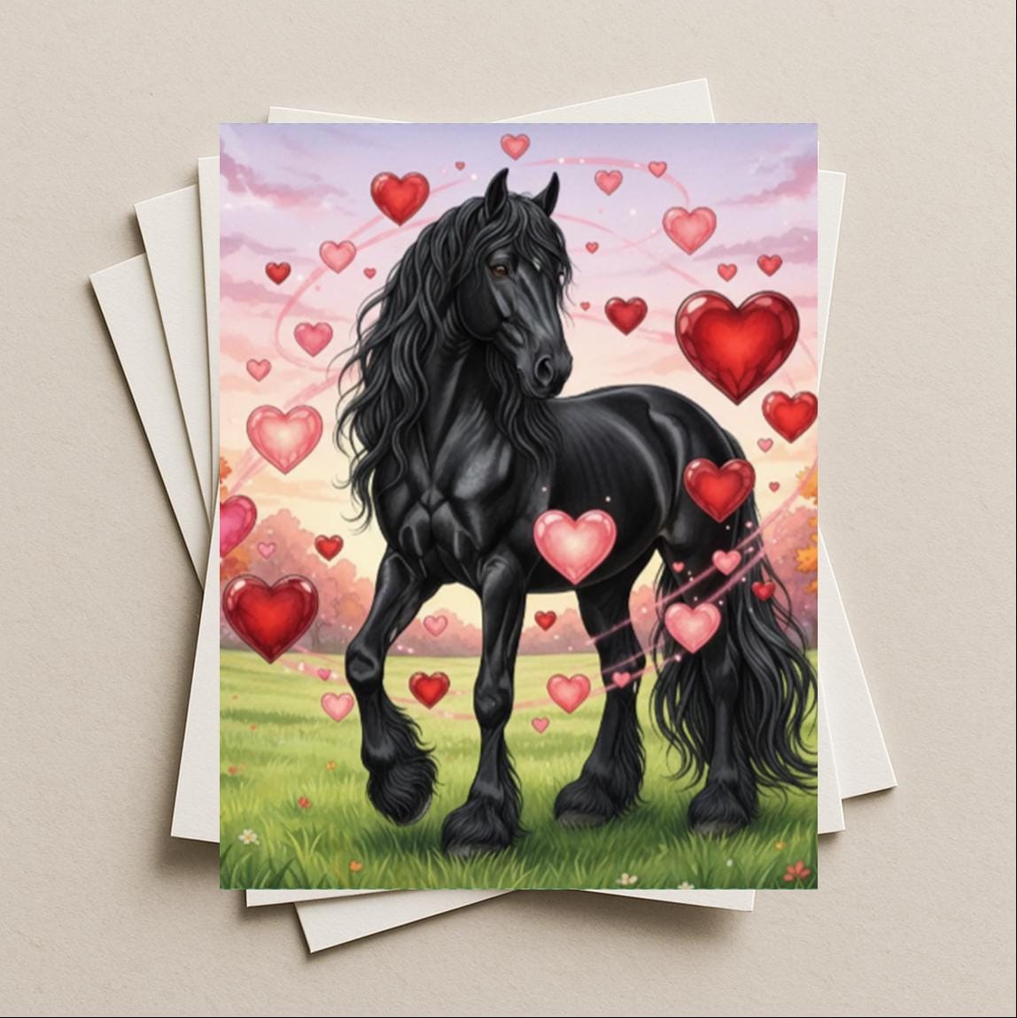 Love Valentine's Day card Black Friesian horse blank greeting card, note or gift card with red love hearts