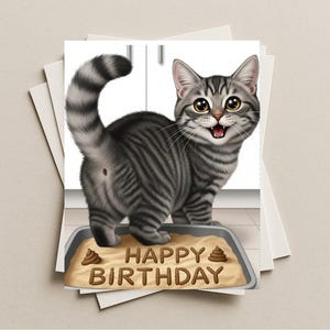 May include: A greeting card featuring a cartoon cat with gray and black stripes. The cat is standing on a tray with the words "HAPPY BIRTHDAY" spelled out in brown letters. The cat has a happy expression.