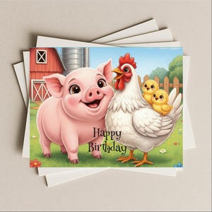 May include: A greeting card featuring a cartoon pig and a hen with two chicks. The pig is pink and smiling, and the hen is white with a red comb. The card has the words "Happy Birthday" on it.