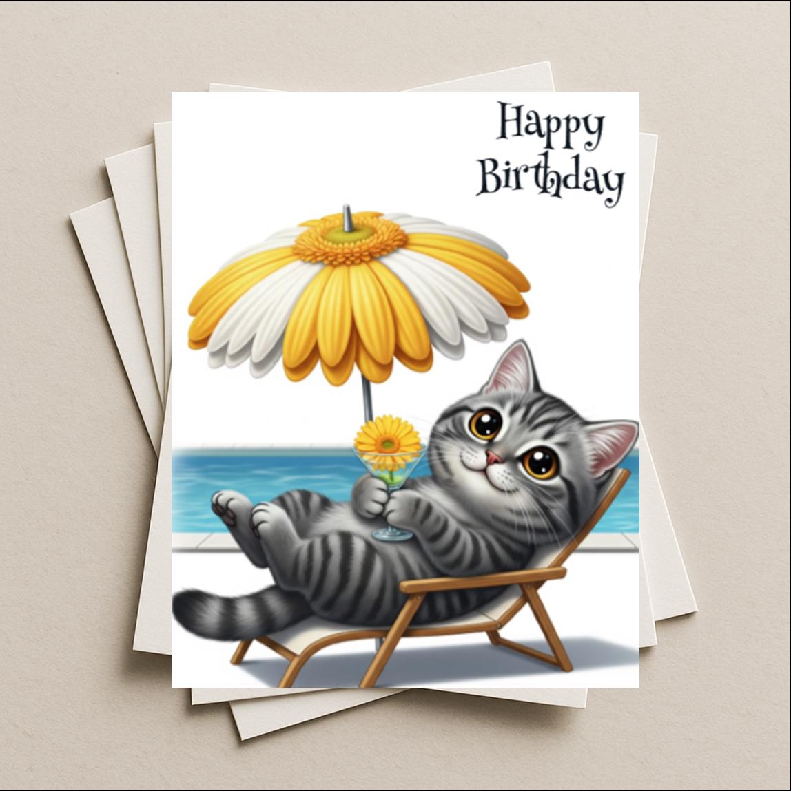 Birthday card gray cat blank greeting card, note or gift card, kitten kitty, celebrate lounging by the pool with a cocktail