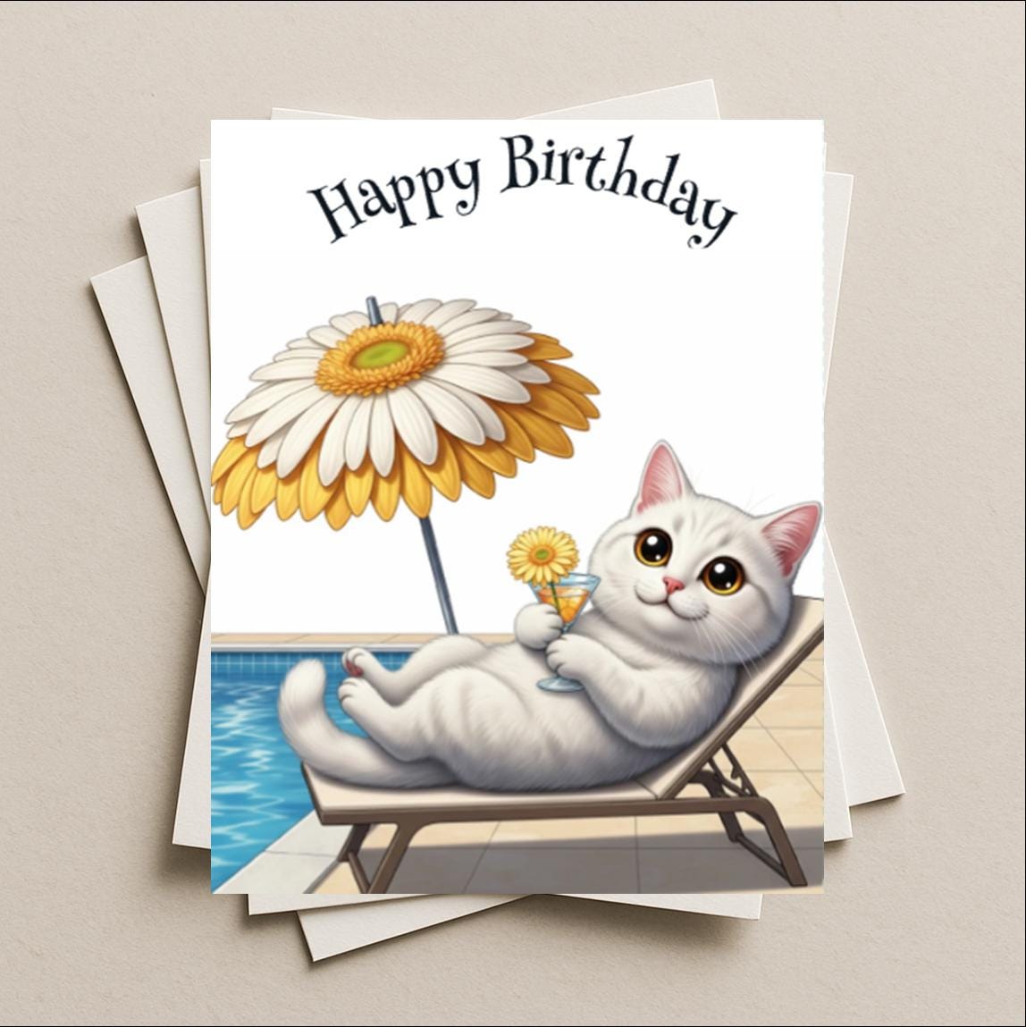 Birthday card white cat blank greeting card, note or gift card, kitten kitty, celebrate lounging by the pool with a cocktail