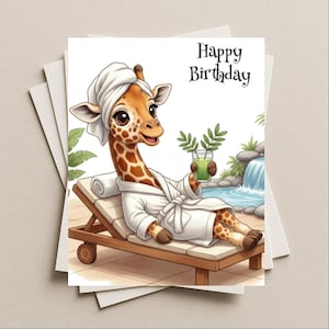 May include: A birthday card featuring a cartoon giraffe relaxing in a spa setting. The giraffe wears a white robe and towel, holding a green drink. The card reads "Happy Birthday" in black text. The background includes a pool and waterfall.
