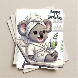 Birthday card spa day koala blank greeting card, note or gift card, celebrate at the health spa with yummy eucalyptus juice