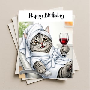 Birthday card spa day gray cat blank greeting card, note or gift card, kitten kitty, celebrate at the health spa with red wine sangria