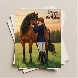 May include: A greeting card featuring a brown horse and a person in equestrian attire. The card has the text "Happy Birthday" in black script. The background shows a sunset over a field.