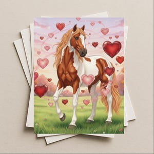 May include: A greeting card featuring a painted horse with a brown and white coat, surrounded by red and pink hearts. The horse has a flowing mane and tail. The background shows a green field and a pink and purple sky. The card is on a stack of white cards.