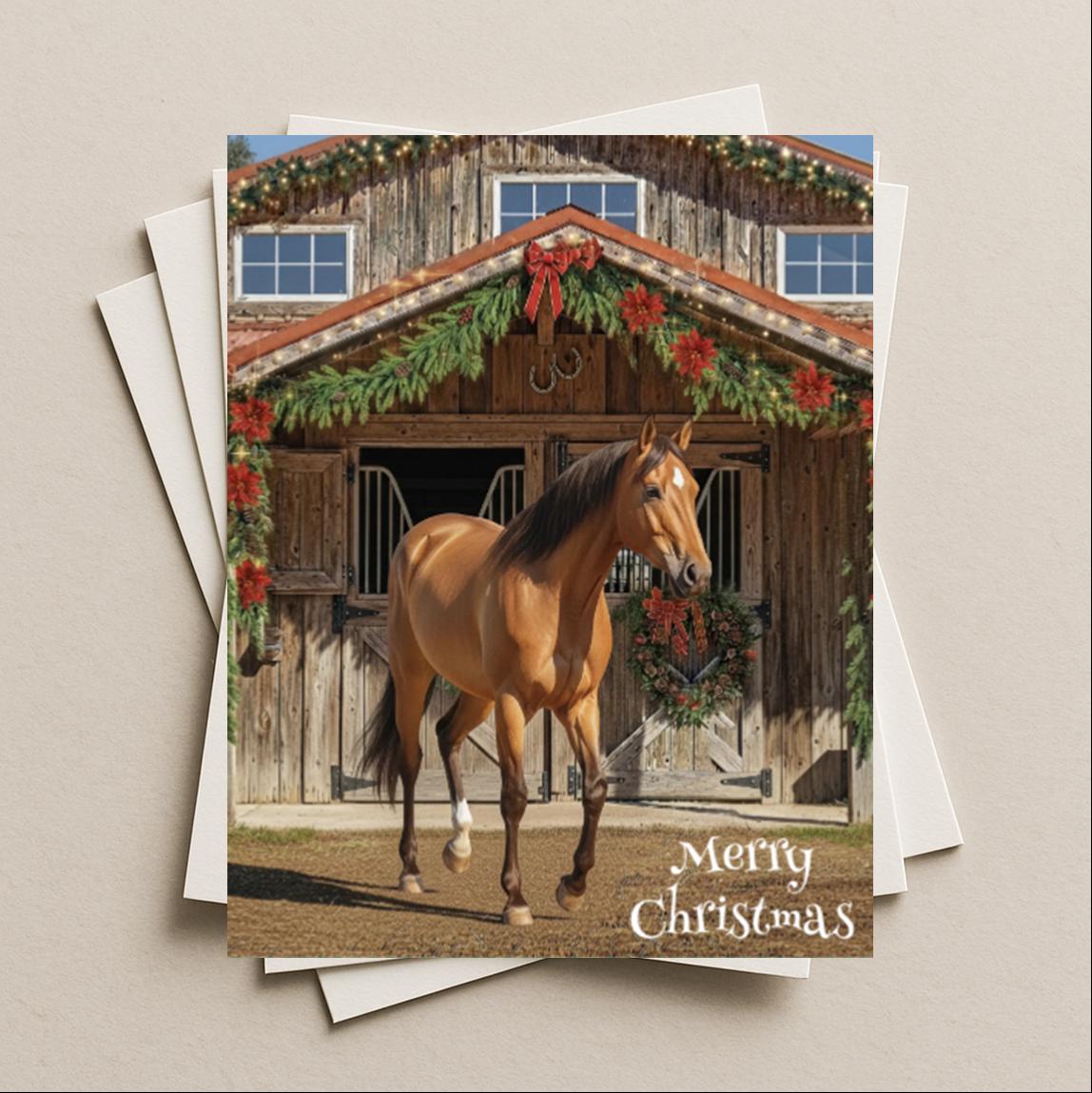 Christmas card Buckskin horse blank greeting card, note or gift card, celebrate the holiday Santa horse-style at the ranch