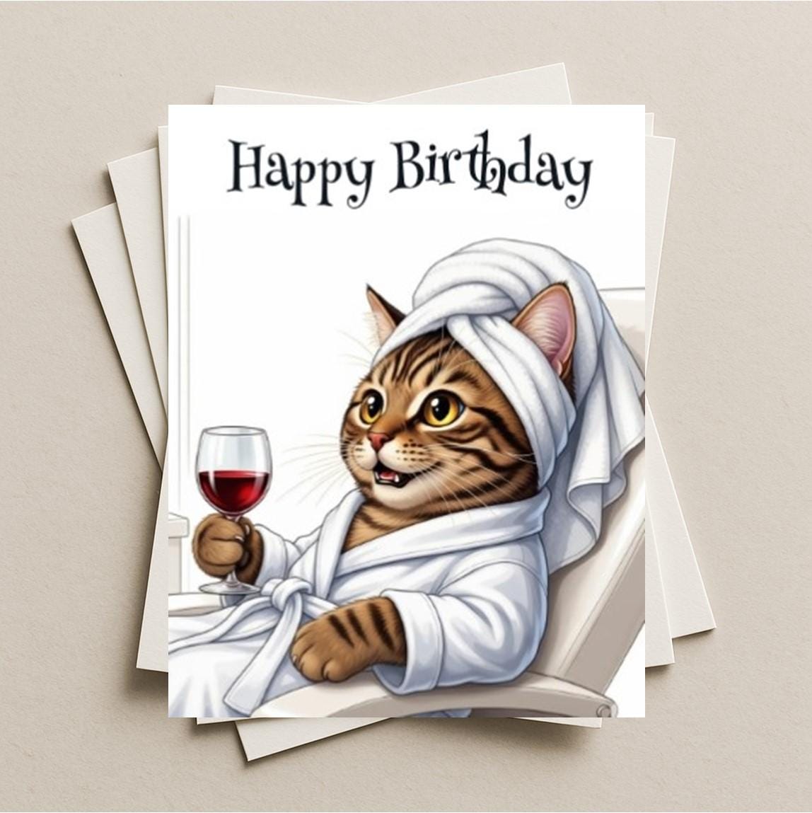 Birthday card spa day brown tabby cat blank greeting card, note or gift card, kitten celebrate at the health spa with red wine sangria