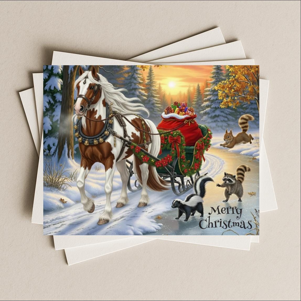 Christmas card Pinto horse blank greeting card, note or gift card, bringing Christmas joy to celebrate the holidays with woodland friends