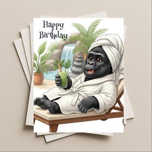 Birthday card spa day mountain gorilla blank greeting card, note or gift card, celebrate at the health spa with yummy leaf juice