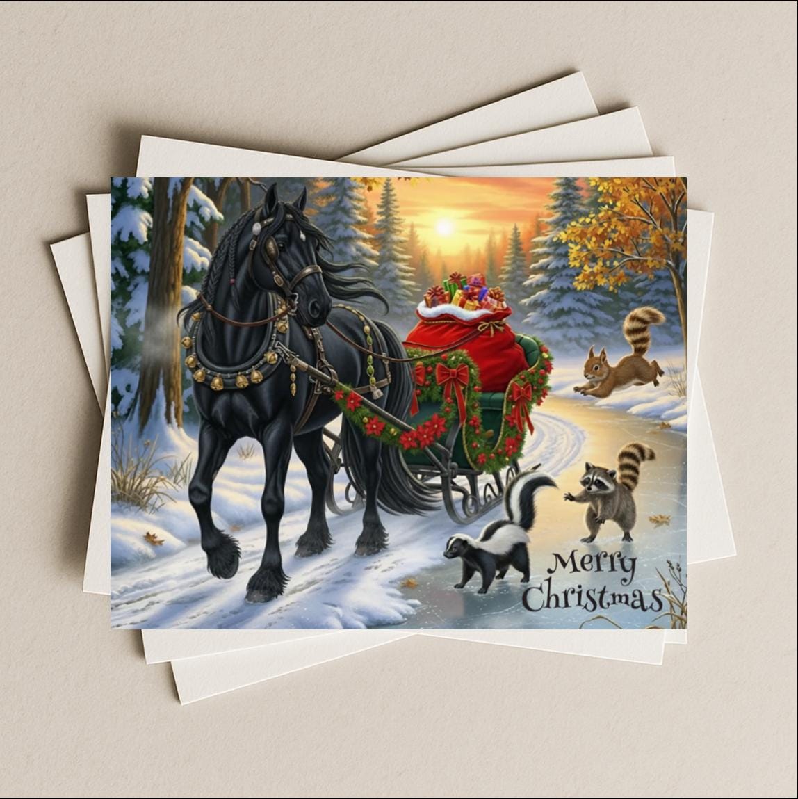Christmas card Black Friesian horse blank greeting card, note or gift card, bringing Christmas joy to celebrate holidays woodland friends