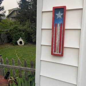 Rustic Vertical American Flag Wall Art – Red Frame – Handmade Reclaimed Wood Patriotic Decor – Farmhouse Wall Hanging