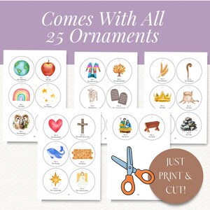Pu&ograve; includere: Un set stampabile di 25 ornamenti natalizi con illustrazioni ad acquerello, tra cui un globo, una mela, un arcobaleno, stelle e altro ancora. Il testo "Comes With All 25 Ornaments" &egrave; in alto.