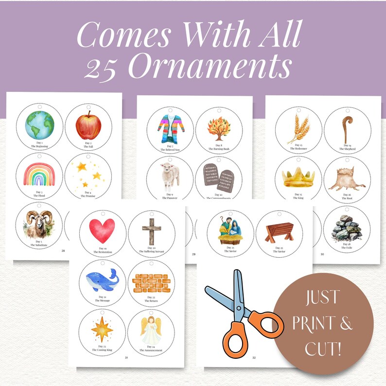 Pu&ograve; includere: Un set stampabile di 25 ornamenti natalizi con illustrazioni ad acquerello, tra cui un globo, una mela, un arcobaleno, stelle e altro ancora. Il testo "Comes With All 25 Ornaments" &egrave; in alto.