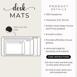 May include: Desk mats are displayed, with sizes including 81 x 41 cm, 56 x 30 cm, and 46 x 30 cm. The mats are made of 100% neoprene, 3mm thick, with a black non-slip base. They have a smooth surface and are designed for effortless mouse gliding.