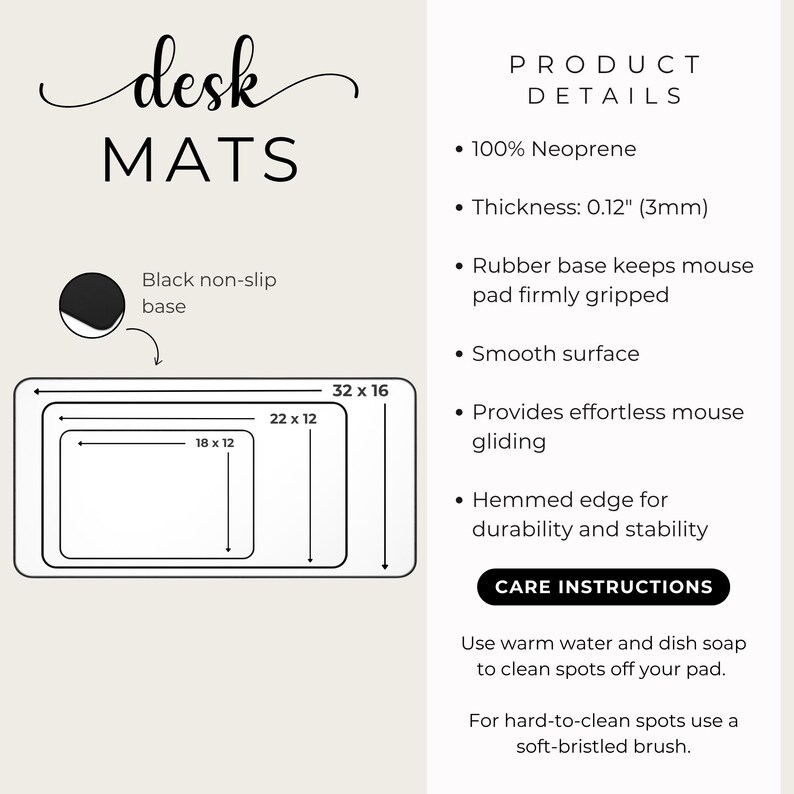 May include: Desk mats are displayed, with sizes including 81 x 41 cm, 56 x 30 cm, and 46 x 30 cm. The mats are made of 100% neoprene, 3mm thick, with a black non-slip base. They have a smooth surface and are designed for effortless mouse gliding.
