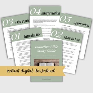 May include: A light green Inductive Bible Study Guide with the text "Instant digital download" on a gold banner. The guide includes pages labeled "Introduction", "How to Use", "Observation", "Interpretation", and "Application".