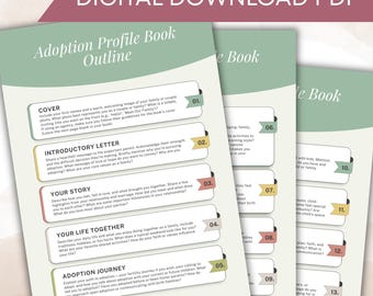 May include: Digital PDF adoption profile book outline. The document features a cover page and detailed sections for introductory letters, your story, life together, and the adoption journey. The pages have a soft green and pink color scheme.