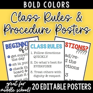 May include: A set of classroom posters with the text "Class Rules & Procedure Posters" in a bold, black script. The posters include rules like "Follow directions QUICKLY" and "Treat others with dignity & respect." The background is yellow.