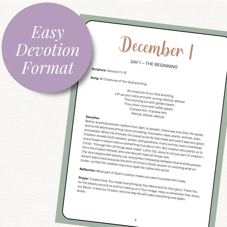 Pu&ograve; includere: Una pagina devozionale con il testo "1 dicembre" e "Giorno 1 - L'inizio". La pagina include una scrittura, testi di canzoni, una devozione, domande di riflessione e una preghiera. Un cerchio viola con le parole "Formato di devozione facile" si trova nell'angolo in alto a sinistra.