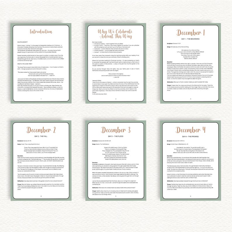 Pu&ograve; includere: Sei pagine di testo, ciascuna con un bordo verde chiaro. Le pagine includono titoli come "Introduzione", "Perch&eacute; celebriamo l'Avvento in questo modo" e "Dicembre 1-4". Il testo sembra essere un devozionale o una guida allo studio.