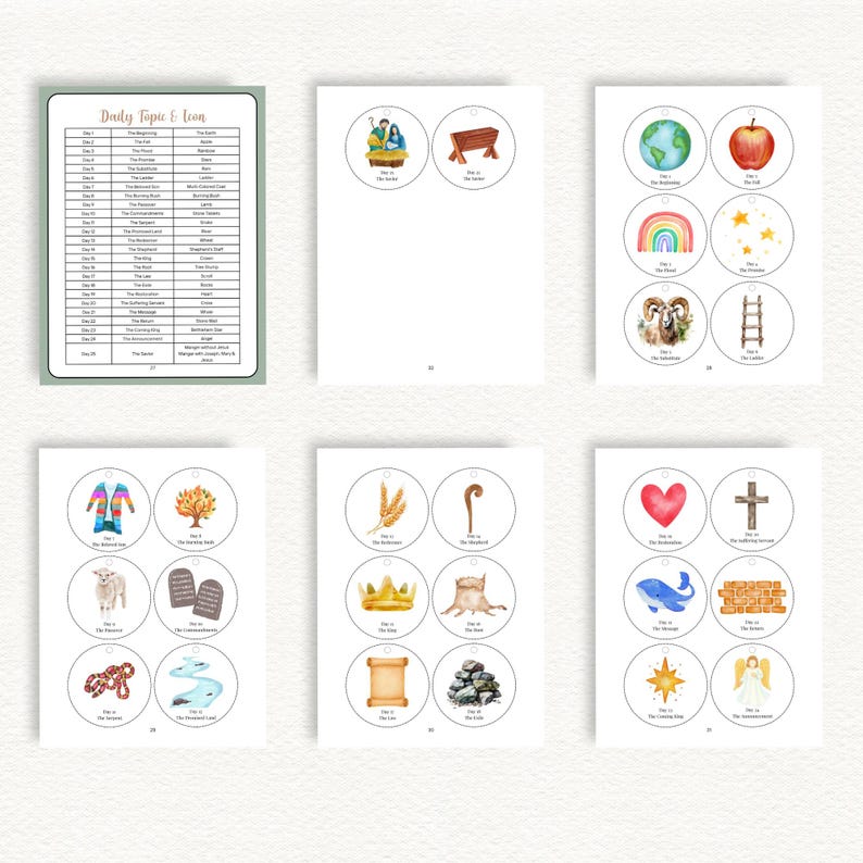 Pu&ograve; includere: Una collezione di illustrazioni ad acquerello su cerchi bianchi, raffiguranti temi religiosi. Include un grafico intitolato "Daily Topic & Icon". Le illustrazioni presentano un arcobaleno, una mela e un cuore, tra gli altri simboli. Il testo sul grafico &egrave; visibile.