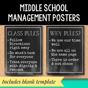 May include: Middle School Management Posters displayed on a corkboard. The posters feature "Class Rules" and "Why Rules?" with bullet points. The image includes the text "Includes blank template" at the bottom.