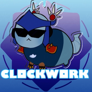 May include: A cartoon character illustration in blue and grey, wearing sunglasses and a helmet, with red accents. The character is labelled "CLOCKWORK" in white text with a blue outline. The background is a gradient of blues and purples.