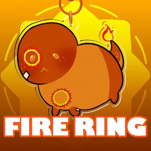 May include: Orange and brown cartoon character keychain with a flame on its tail and a fiery design on its body. The keychain has the words "FIRE RING" in orange and white block letters.