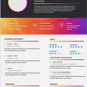 Op de afbeelding: Een cv-sjabloon met een verloopachtergrond van oranje, geel en paars. Het cv bevat contactgegevens, werkervaring, vaardigheden, opleidingskwalificaties, taalvaardigheid en interesses. De naam "AISYAH AMNI" en de titel "Teacher" zijn prominent aanwezig.