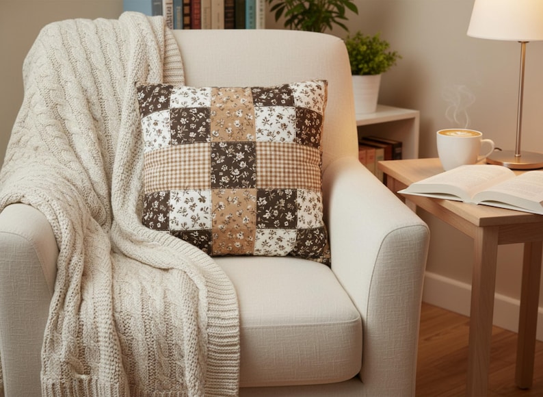 Stylish mocha brown floral pillow cover featuring a detailed patchwork layout of florals and gingham. Cozy neutral aesthetic perfect for hygge homes, farmhouse decor, and warm-toned interiors. Soft texture and unique design make this pillow cover ideal for gifting, seasonal home refreshes, or adding comfort to any space.