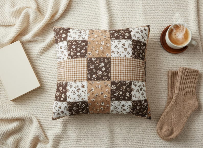 Mocha Floral Gingham Pillow Cover, Brown Checkered Pillow, Coffee Colored Cushion, Cozy 20x20 Pillowcase Decor | Patchwork Design