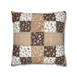 Mocha gingham and floral pillow cover with a patchwork layout in rich brown, soft cream, and latte beige. Cozy and inviting, perfect for warm neutral home decor, hygge aesthetic spaces, or cozy girl dorm rooms. Highlighting print clarity and soft texture for decorative use on sofas, beds, and reading corners.