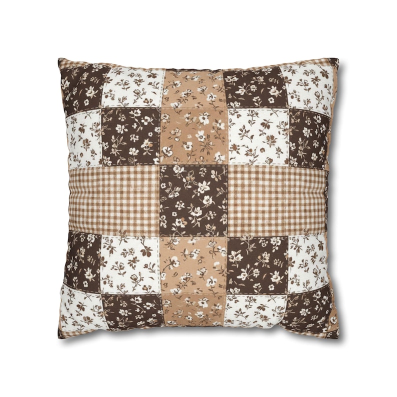 Mocha gingham and floral pillow cover with a patchwork layout in rich brown, soft cream, and latte beige. Cozy and inviting, perfect for warm neutral home decor, hygge aesthetic spaces, or cozy girl dorm rooms. Highlighting print clarity and soft texture for decorative use on sofas, beds, and reading corners.